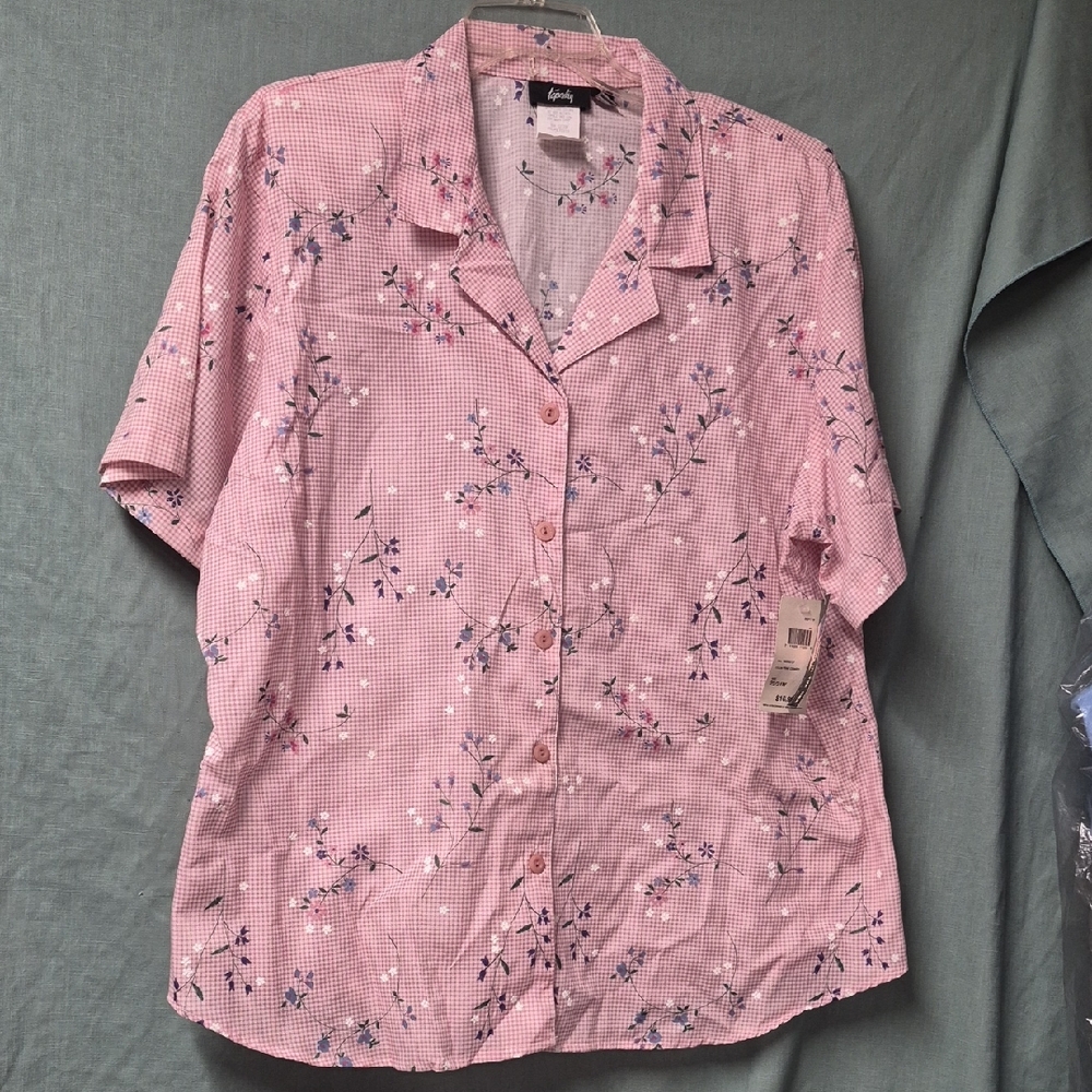 Tapestry Willow Bay Womens Pink Floral Checkered Blouse Button Down